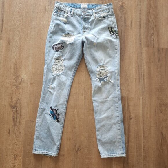 Hudson Jeans Denim - Hudson Jeans Riley Crop Relaxed Straight, Distressed with Butterfly Embroidery